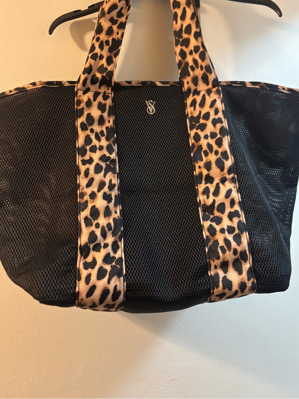 Victoria's Secret Black Mesh Tote with Leopard-Print Straps